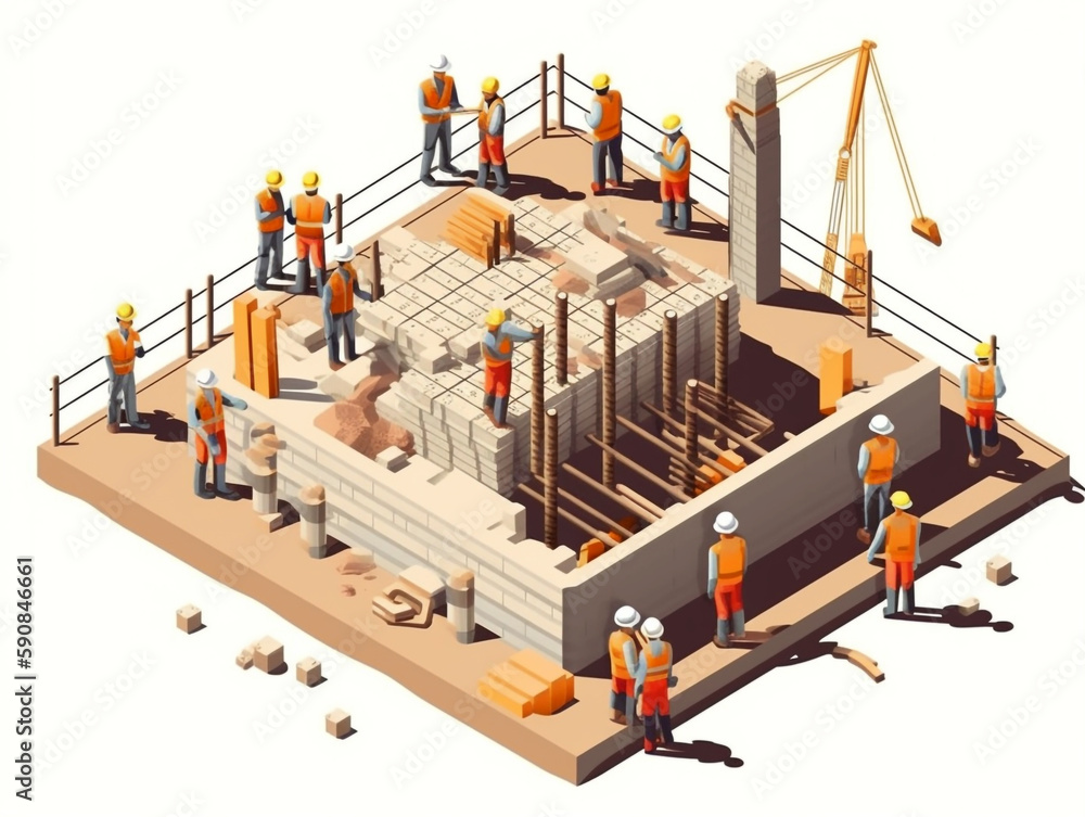 Obraz premium Illustration of the construction site during daytime. Isometric view cartoon style on white background. Construction workers are busy doing their job. 