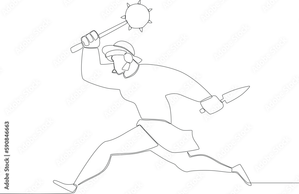 Fototapeta premium A warrior ran to fight with an ancient weapon. Ancient warrior one-line drawing