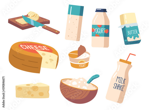 Milk And Dairy Products Set Includes Cheese, Yogurt, Butter, Cream And Milk In Various Forms Cartoon Vector Illustration