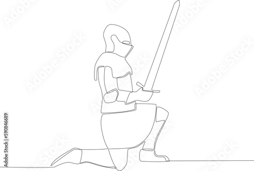 A kneeling warrior holding a sword up. Ancient warrior one-line drawing