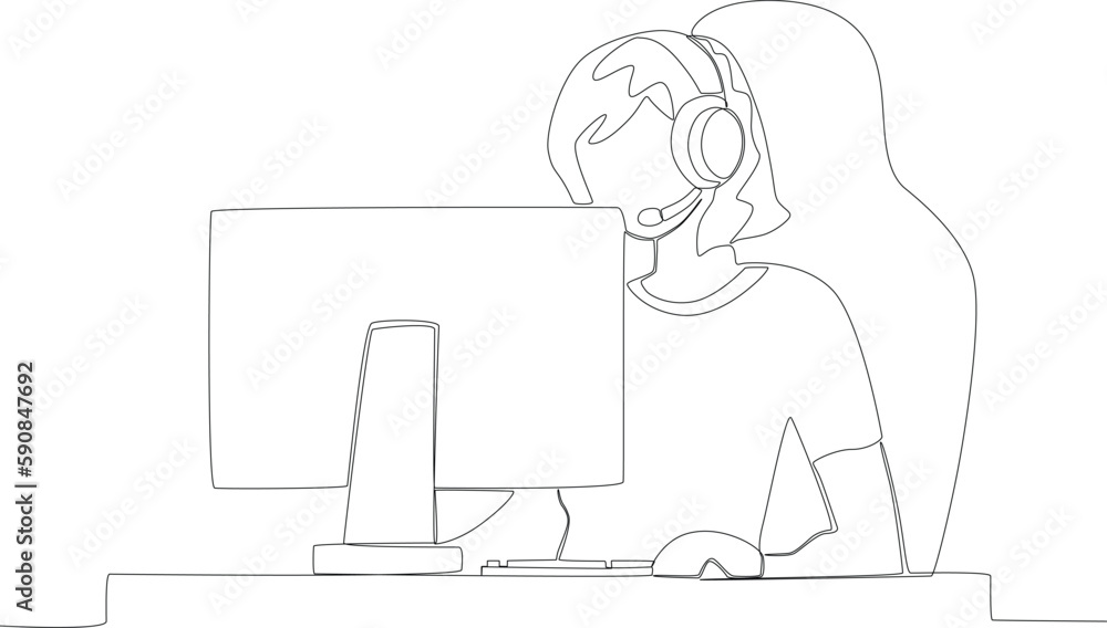 A woman playing online games on a computer. Online gaming one-line drawing A woman playing online games on a computer. Online gaming one-line drawing