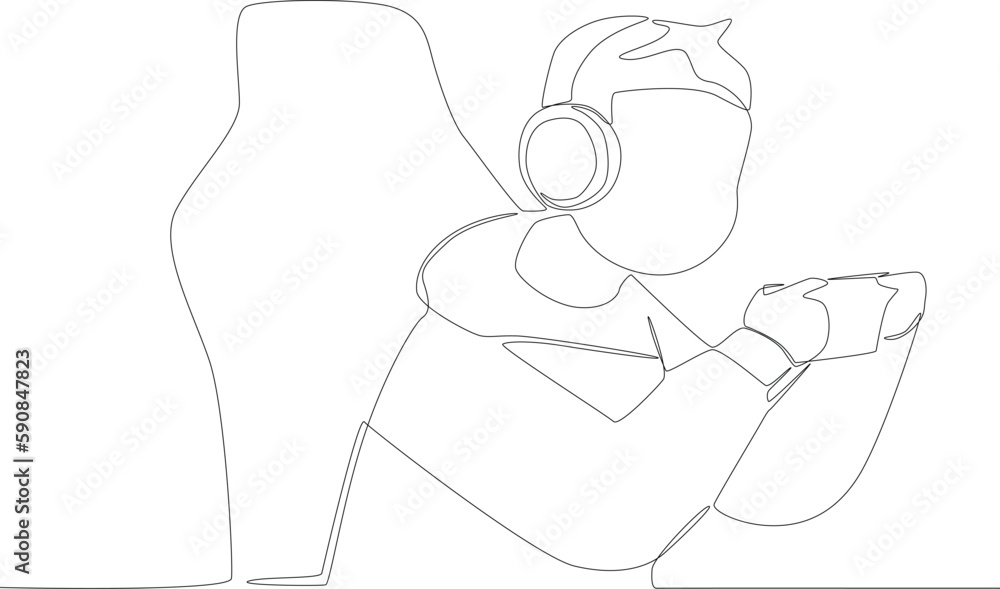 A boy playing online games using a headset and cellphone. Online gaming one-line drawing A boy playing online games using a headset and cellphone. Online gaming one-line drawing