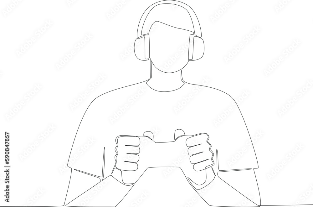 A young man uses a headset and play station to playing games. Online gaming one-line drawing A young man uses a headset and play station to playing games. Online gaming one-line drawing