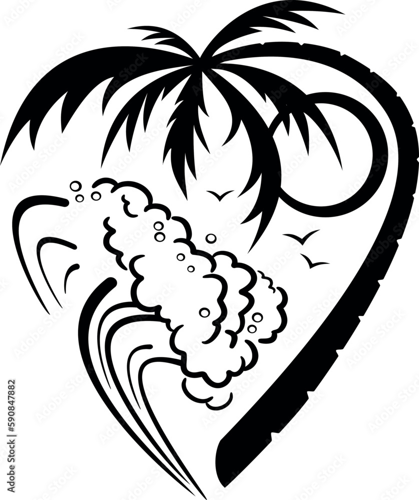 Fototapeta premium Stylized vector image of the beach in the form of a heart
