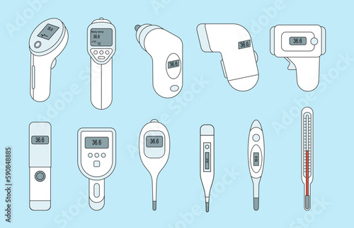 Set of flat medical thermometer icons.