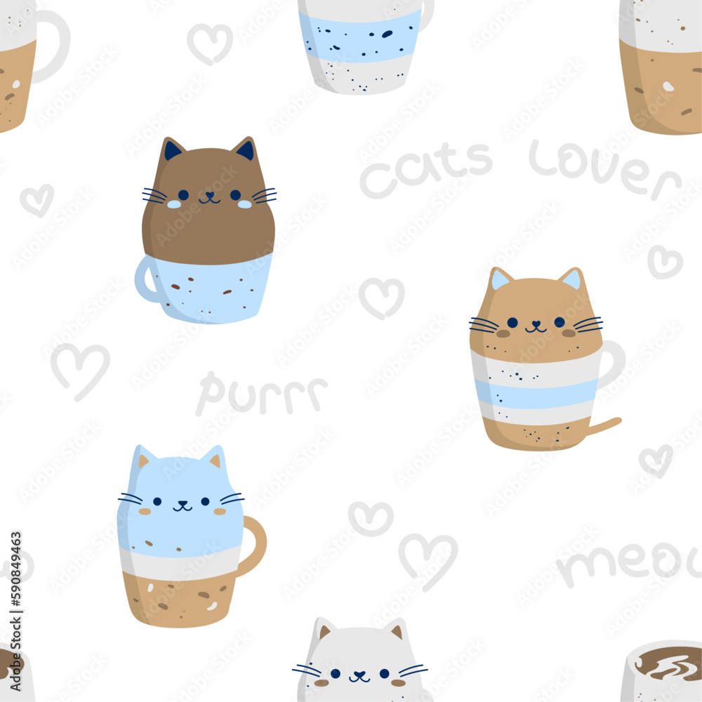 Seamlss pattern with cute cats in coffee cups Seamlss pattern with cute cats in coffee cups
