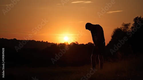 An exhausted sportsman at sunset. Generative AI