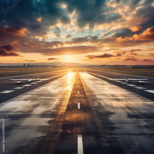 Airport runway, global travel and airplane ready for takeoff, international flight and commercial transportation , generative ai