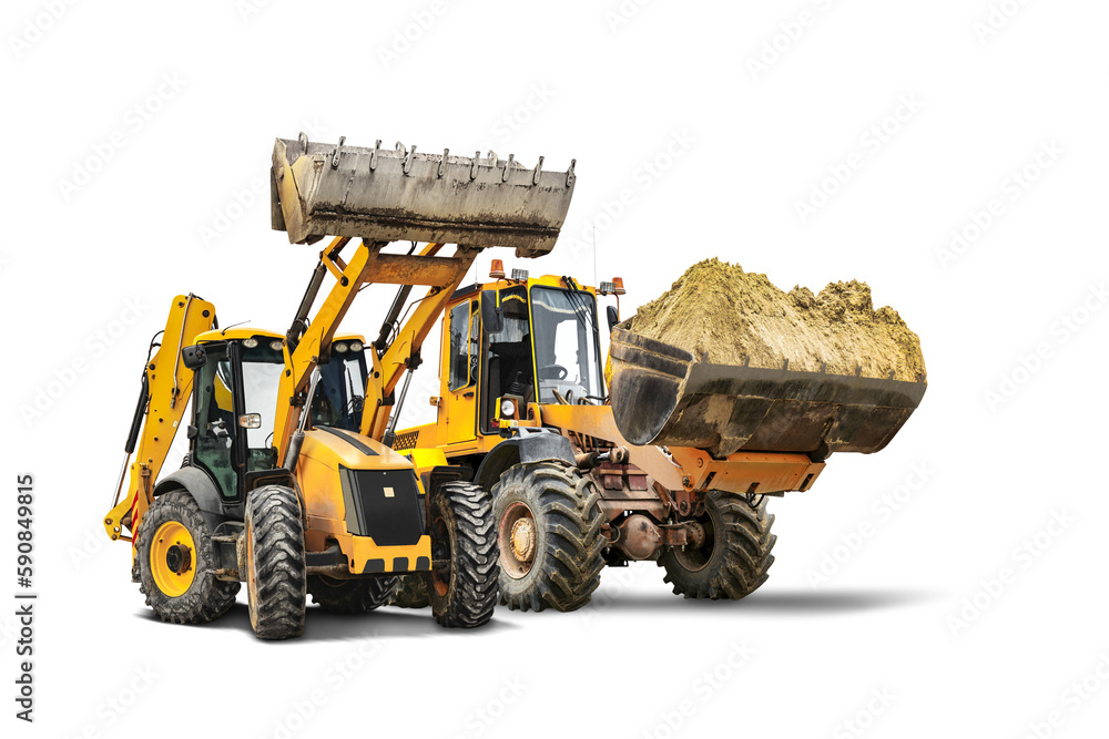 Two heavy front loaders or bulldozers on a white isolated background. Construction equipment and transport. Transportation and movement of bulk materials. Excavation. Element for design. Two heavy front loaders or bulldozers on a white isolated background. Construction equipment and transport. Transportation and movement of bulk materials. Excavation. Element for design.