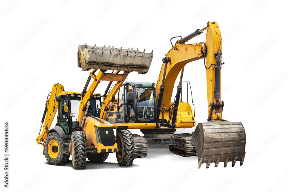 Loader Background Design Two heavy front loaders or bulldozers on a white isolated background ...