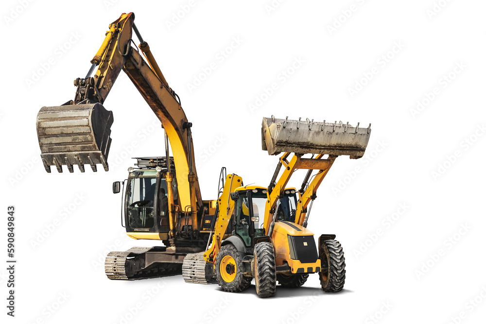 Excavator and bulldozer loader close-up on a white isolated background.Construction equipment for earthworks. element for design. Rent of modern construction equipment. Excavator and bulldozer loader close-up on a white isolated background.Construction equipment for earthworks. element for design. Rent of modern construction equipment.
