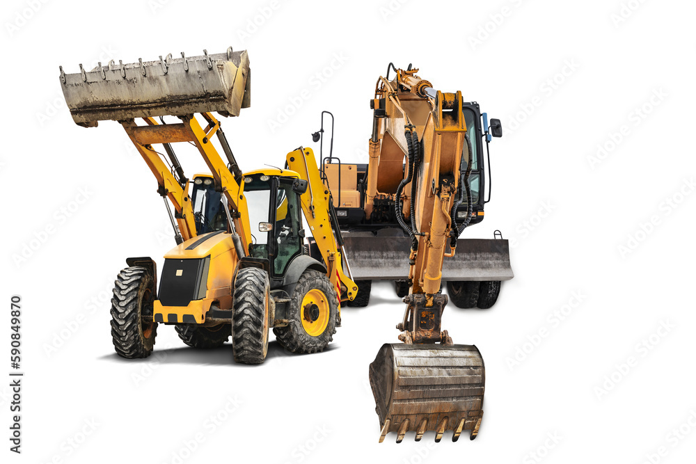 Excavator and bulldozer loader close-up on a white isolated background.Construction equipment for earthworks. element for design. Rent of modern construction equipment.