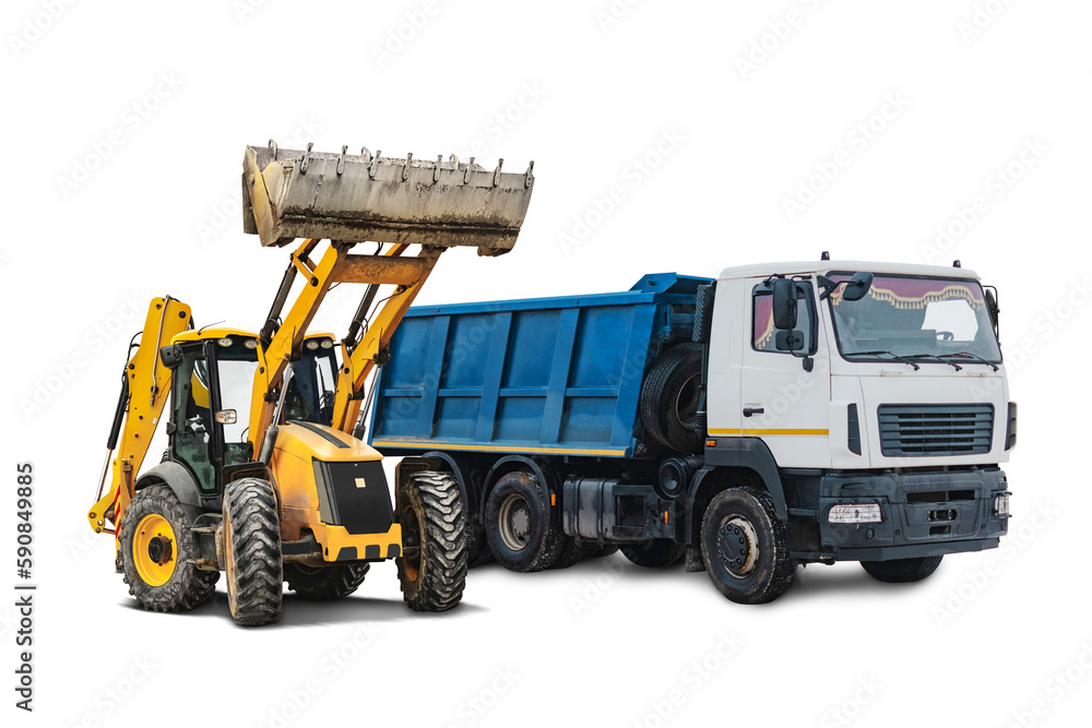 Fototapeta premium Mining dump truck and bulldozer loader close-up on a white isolated background.Construction equipment for earthworks. element for design.