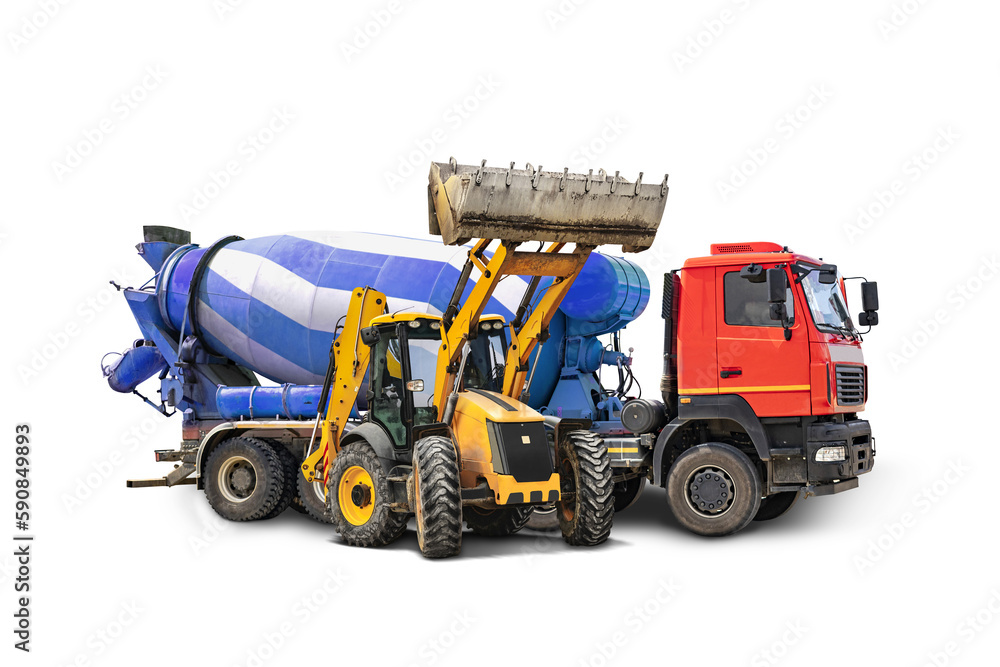 Concrete mixer truck and bulldozer loader close-up on a white isolated background.Construction equipment. element for design. Rental of construction equipment. delivery of concrete.