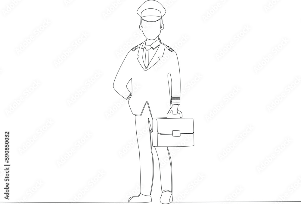 A male pilot prepares to travel with a suitcase. Pilot and plane one-line drawing