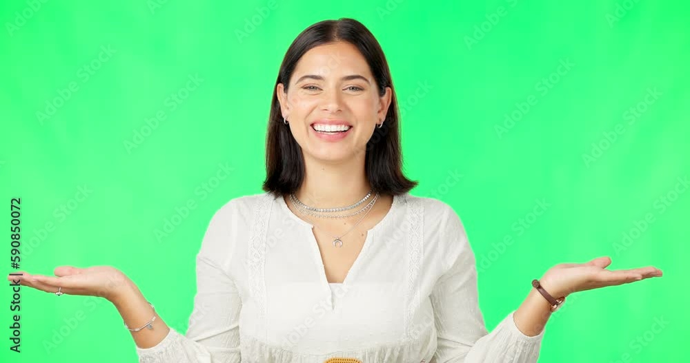Happy woman, hand and green screen in product placement, decision or choice against studio background. Portrait of female face with smile showing advertisement, marketing or sale on copy space mockup Happy woman, hand and green screen in product placement, decision or choice against studio background. Portrait of female face with smile showing advertisement, marketing or sale on copy space mockup