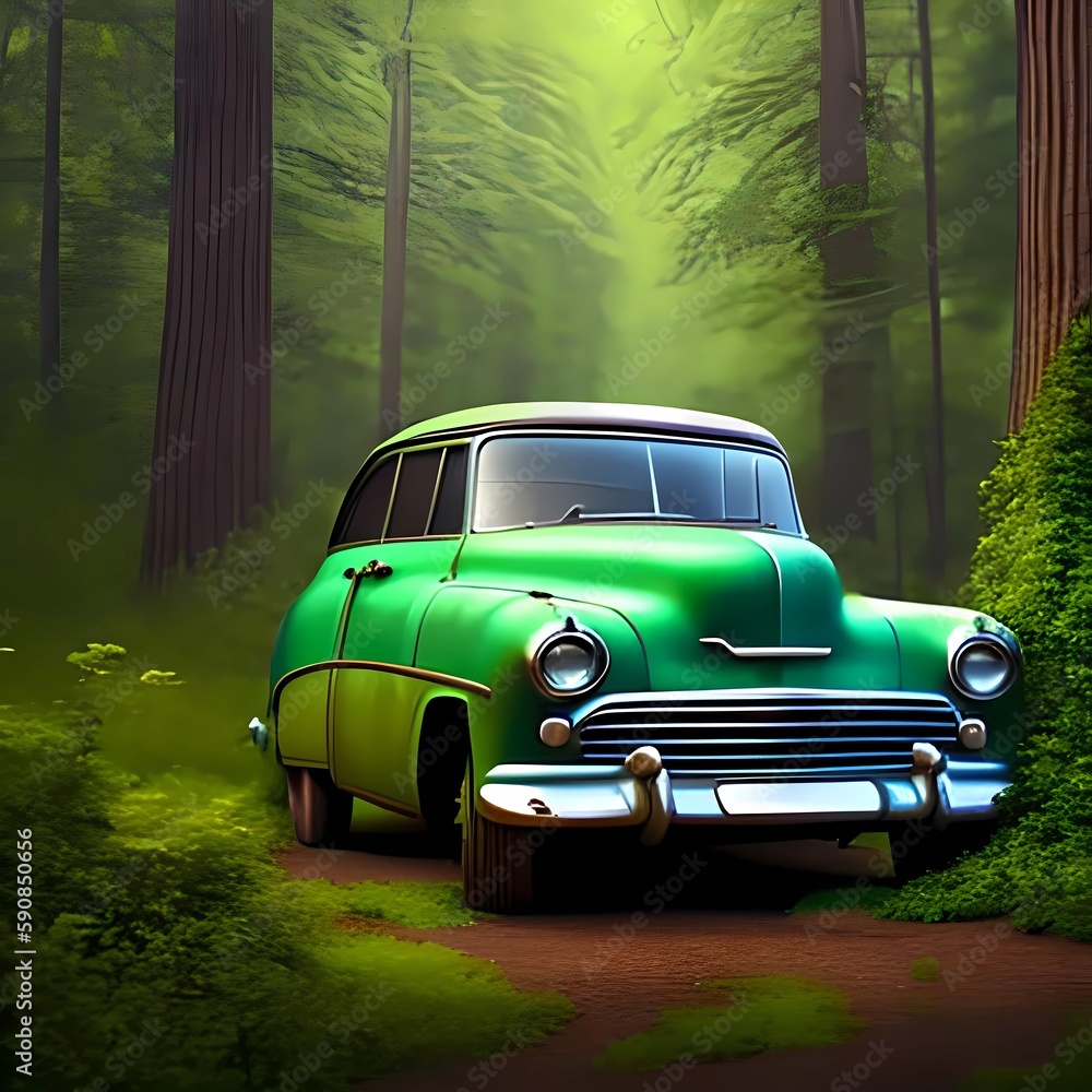 Old Green Car In The Forest