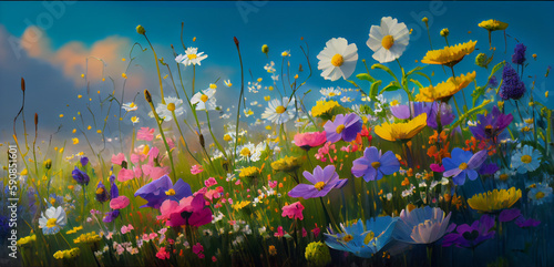 Abstract Illustration of Wild Flower Field on Summer Day. Generative ai © Anna Hoychuk
