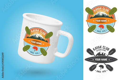 White camping cup. Realistic mug mockup template with sample design. Kayak Club. Vector illustration. Concept for patch, shirt, print, stamp or tee. Sticker, patch design with mountain, helmet and