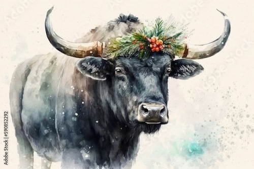 majestic bull adorned with a wreath on its head in a colorful painting. Generative AI