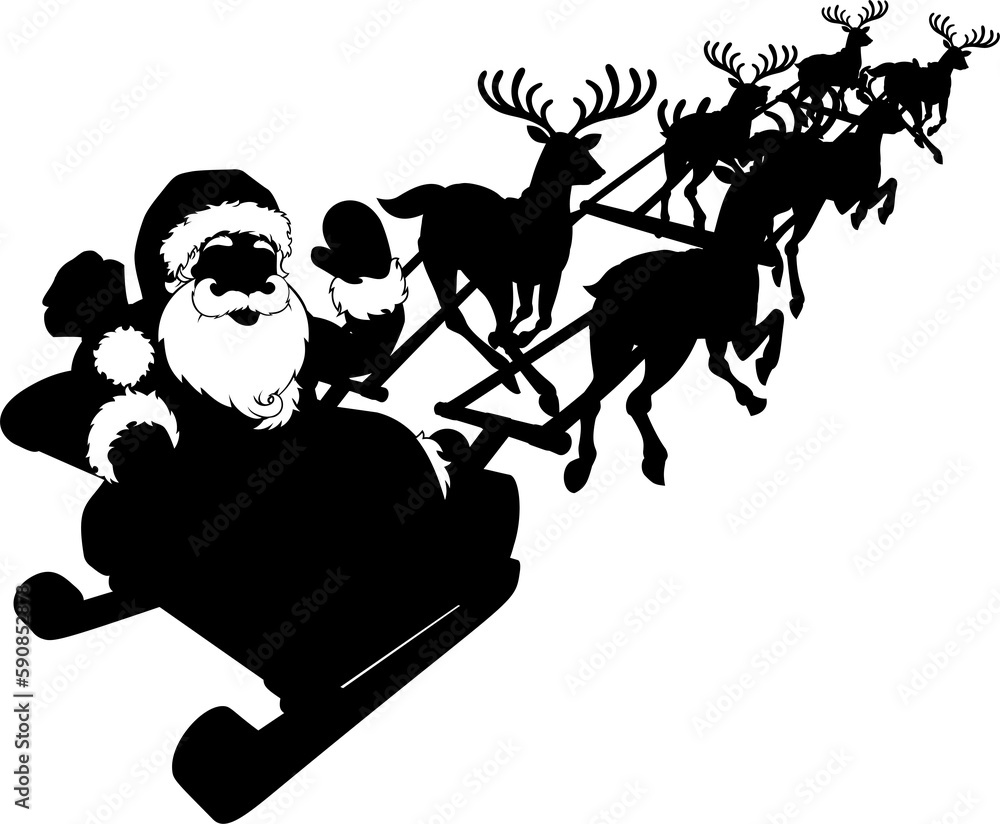 Fototapeta premium Silhouette Santa Claus Reindeer Christmas Sleigh