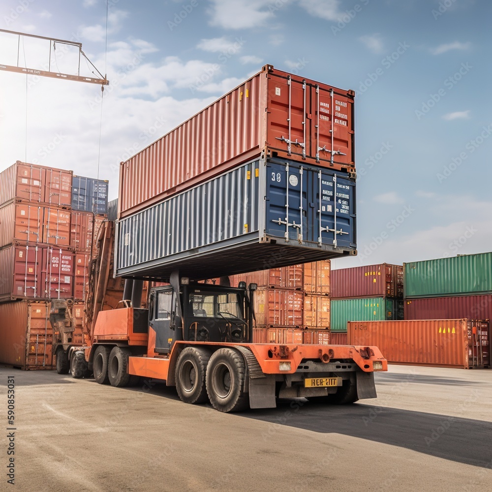 Container stacker crane lifting up stacking container box in yard ...