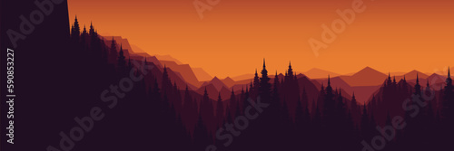 mountain valley nature landscape with forest silhouette panorama vector illustration wallpaper  backdrop  background  web banner  and design template