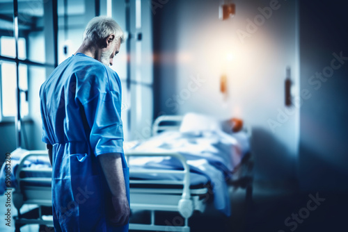 Tired upset depressed medic with his head down standing in front of empty hospital bed. It is assumed that a parient passed away. AI generative image photo