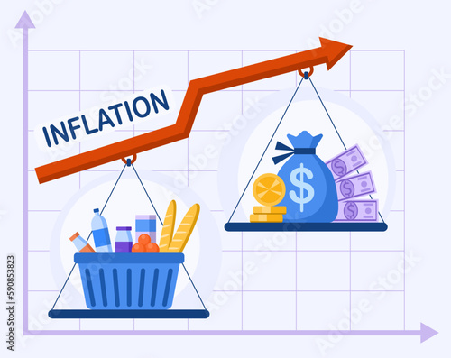 Concept financial crisis, inflation. Rising prices and rise in price of food, goods and services. The crisis in the economy and the fall in the purchasing power of money. Vector illustration.