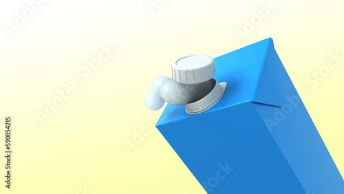 Milk box. Milk splash out open cap milk carton. Isolated on gradient color. Pastel yellow and blue colors. 3D render. Clipping path included.