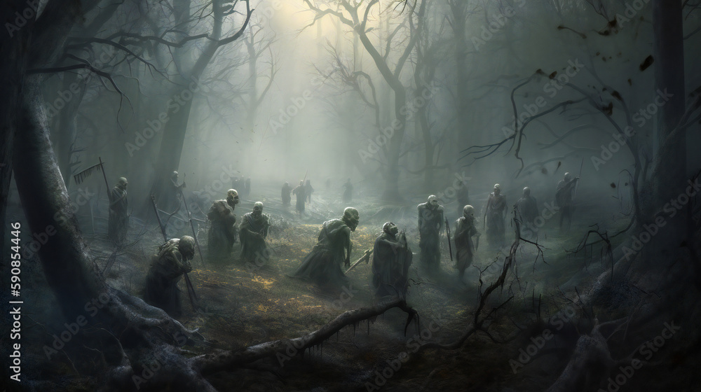 Haunting Dreamscape: Surreal and Stylistic Zombie Horde, Generative AI
