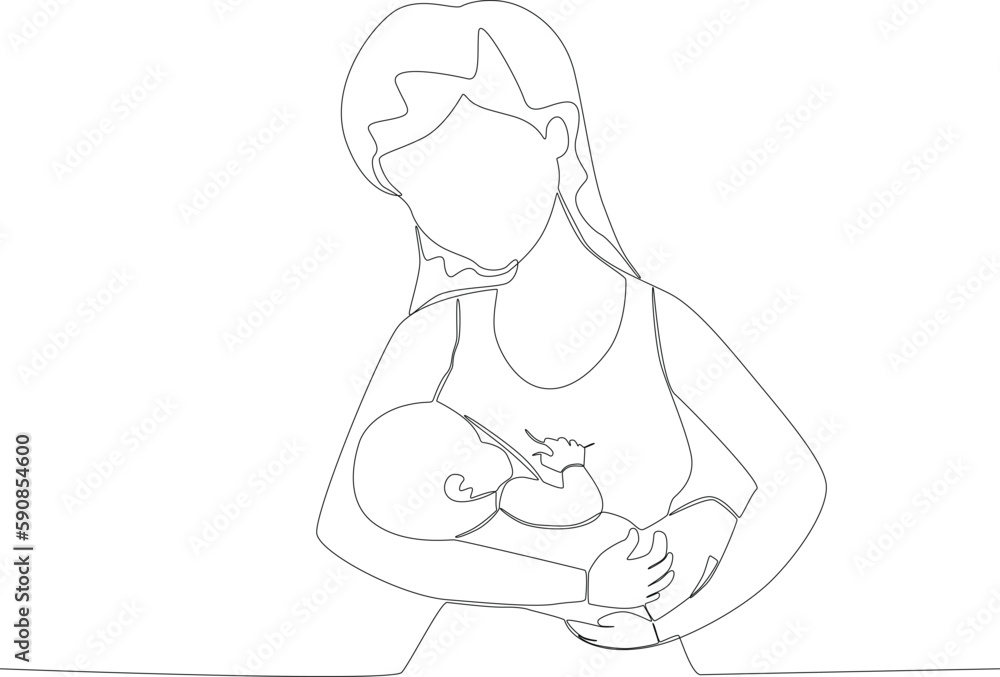 A mother breastfeeds her newborn. Pregnant and breastfeeding one-line drawing