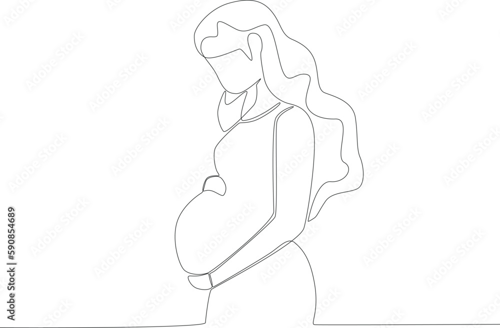 A pregnant woman holding her belly. Pregnant and breastfeeding one-line drawing