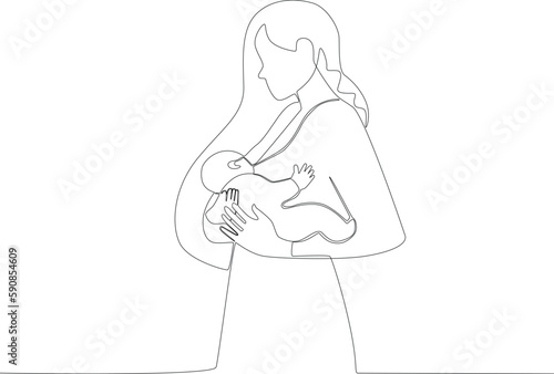 A woman breastfeeds her child happily. Pregnant and breastfeeding one-line drawing