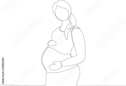 A woman with pigtails is pregnant. Pregnant and breastfeeding one-line drawing