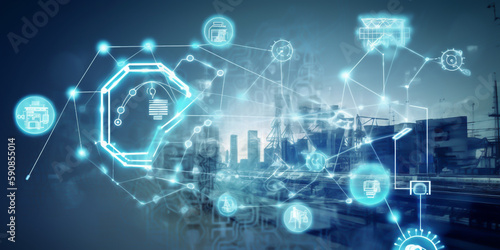 Industrial technology concept with a communication network connecting various devices. Data is being transferred and analyzed in real time. generative ai