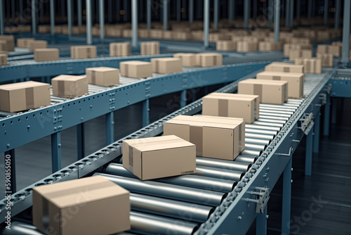 Cardboard boxes on conveyor belt in warehouse. Automatic production line. Logistic and shipment. Created with Generative AI