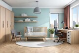 Cute children's room with house shaped shelves and crib, Interior design