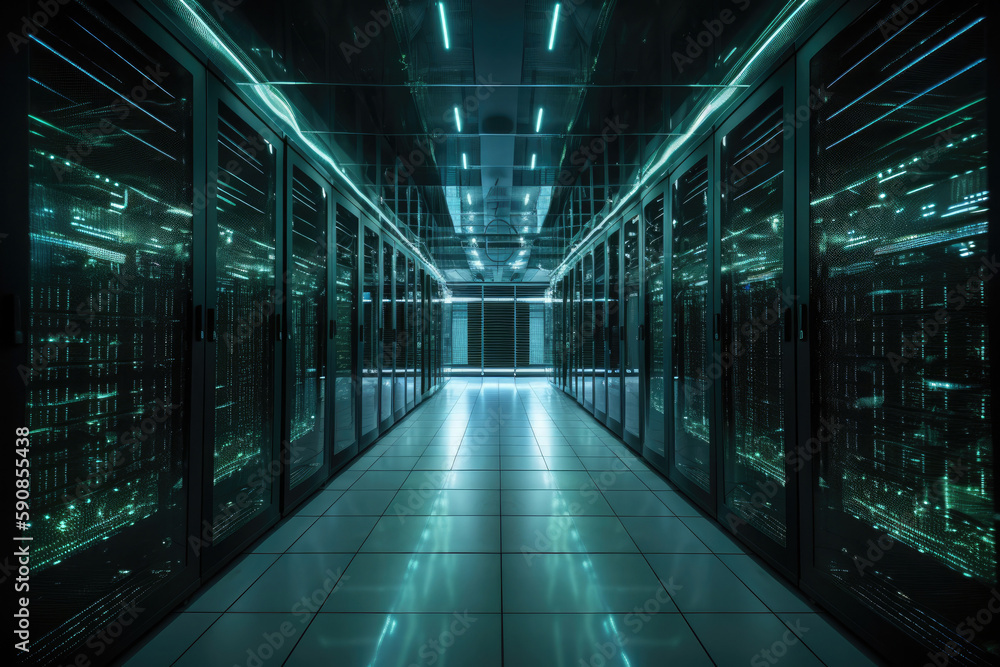 Big data center with server racks. Server room interior. Digital technology hardware. Created with Generative AI Big data center with server racks. Server room interior. Digital technology hardware. Created with Generative AI