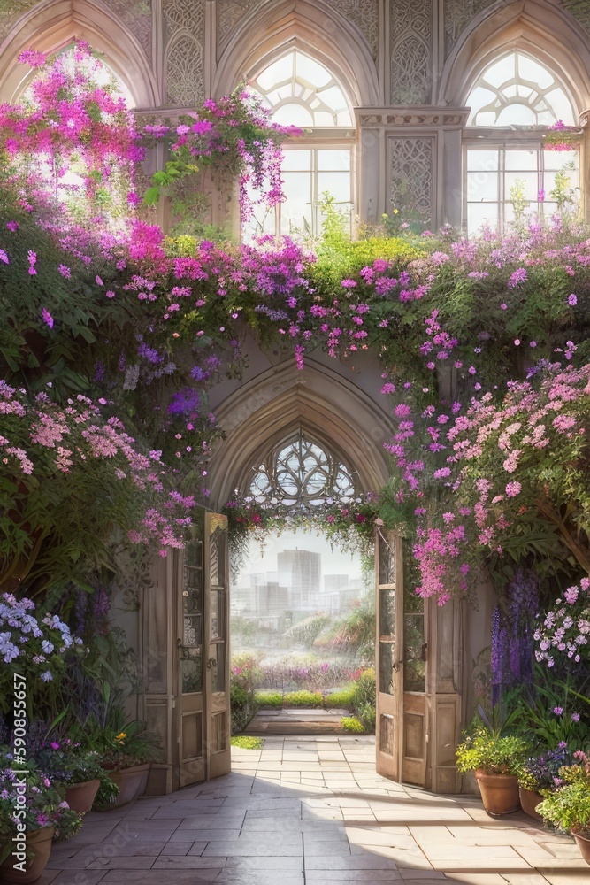 Citadel, botanical garden interior, blooming garden, Generative AI Art Illustration 08