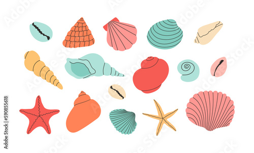 Set of colorful vector hand draw seashells and starfishes. Isolated design elements. Summer vacation collection, tropical beach shells.