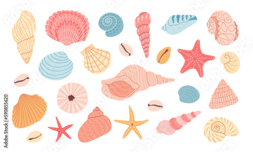 Set of seashells and starfish on white background. Hand drawn colorful vector illustration. Flat cartoon style. Summer vacation collection, tropical beach shells.