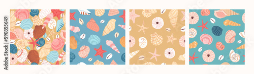 Set of seamless vector hand draw pattern with colorful seashells and starfishes. Various seashells on a tropical beach. Summer marine animal background design. Vacation travel concept. 