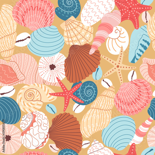 Seamless vector hand draw pattern with colorful seashells and starfishes. Various seashells on a tropical beach. Summer marine animal background design. Vacation travel concept. Cartoon illustration.