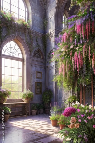 Citadel, botanical garden interior, blooming garden, Generative AI Art Illustration 09