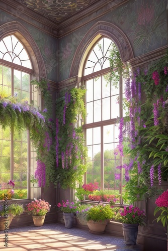 Citadel, botanical garden interior, blooming garden, Generative AI Art Illustration 05 ©  Markiza ART