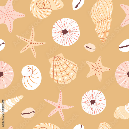 Seamless vector hand draw pattern with colorful seashells and starfishes. Various seashells on a tropical beach. Summer marine animal background design. Vacation travel concept. Cartoon illustration.