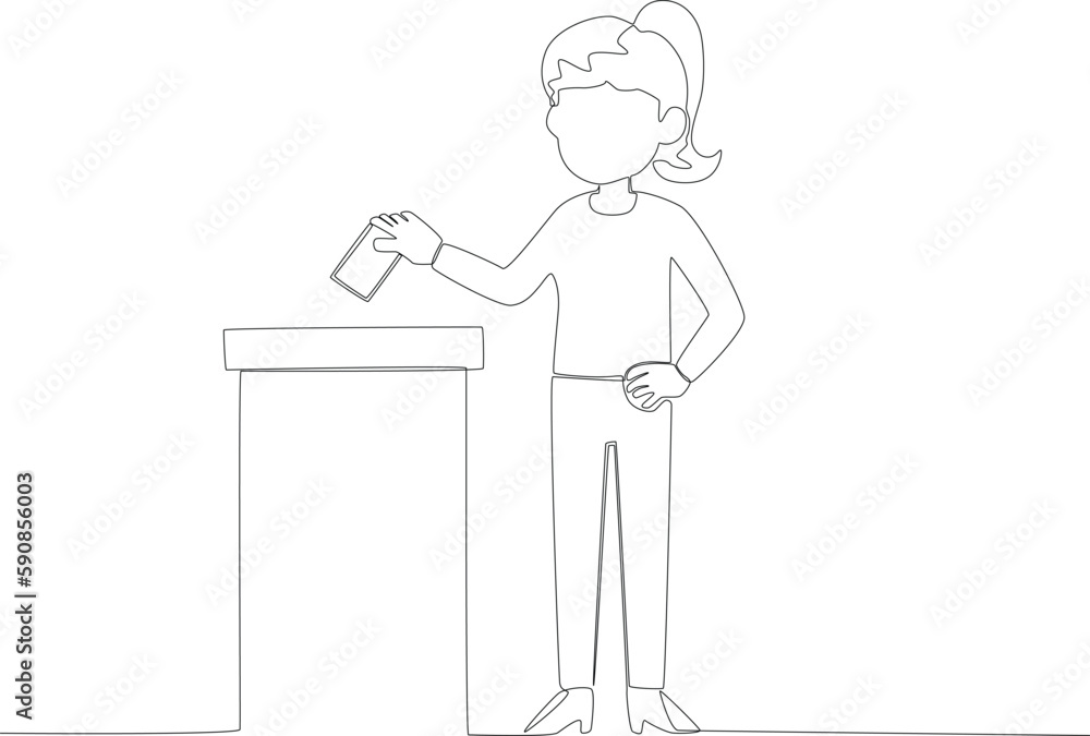 A woman with her hair in pigtails finished voting. Vote one-line drawing