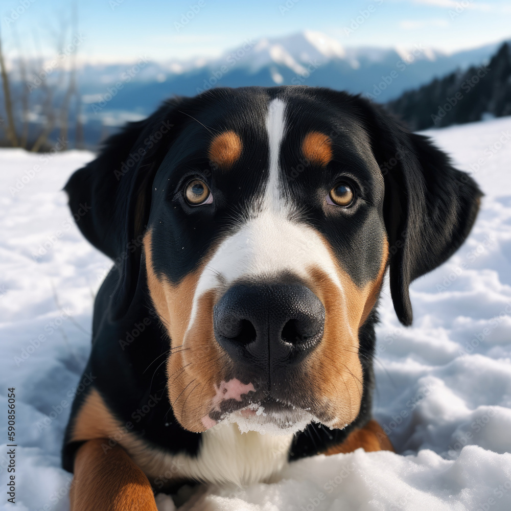 greater swiss mountain dog portrait in the snow - by generative ai