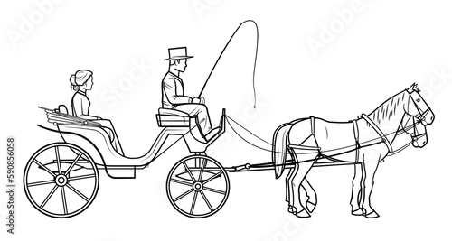 Classic horse pulled cabriolet cart - vector stock illustration.